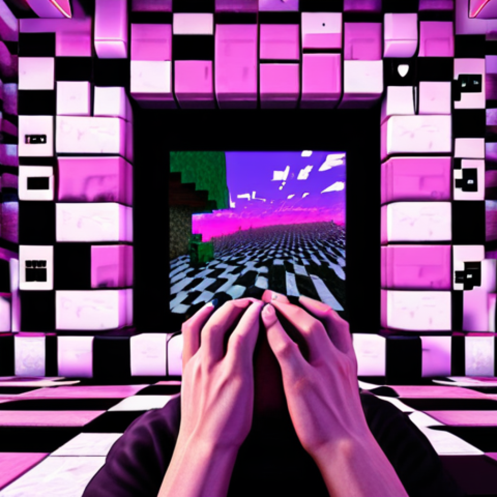 **Prompt:** A frustrated Minecraft player, head in hands, looking at a computer screen displaying a distorted, glitching Minecraft world. Blocks are neon pink and purple-black checkerboard. On-screen text shows "LOW FPS" or "CRASH ERROR". The scene is chaotic and visually jarring, conveying digital overload and system struggle. Low-angle shot, digital art, strong color contrast between intended and glitched textures, unsettling atmosphere. --ar 16:9