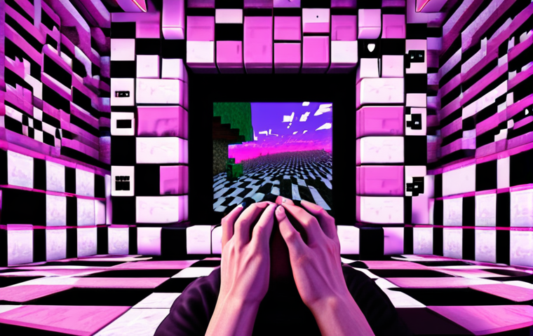 **Prompt:** A frustrated Minecraft player, head in hands, looking at a computer screen displaying a distorted, glitching Minecraft world. Blocks are neon pink and purple-black checkerboard. On-screen text shows "LOW FPS" or "CRASH ERROR". The scene is chaotic and visually jarring, conveying digital overload and system struggle. Low-angle shot, digital art, strong color contrast between intended and glitched textures, unsettling atmosphere. --ar 16:9