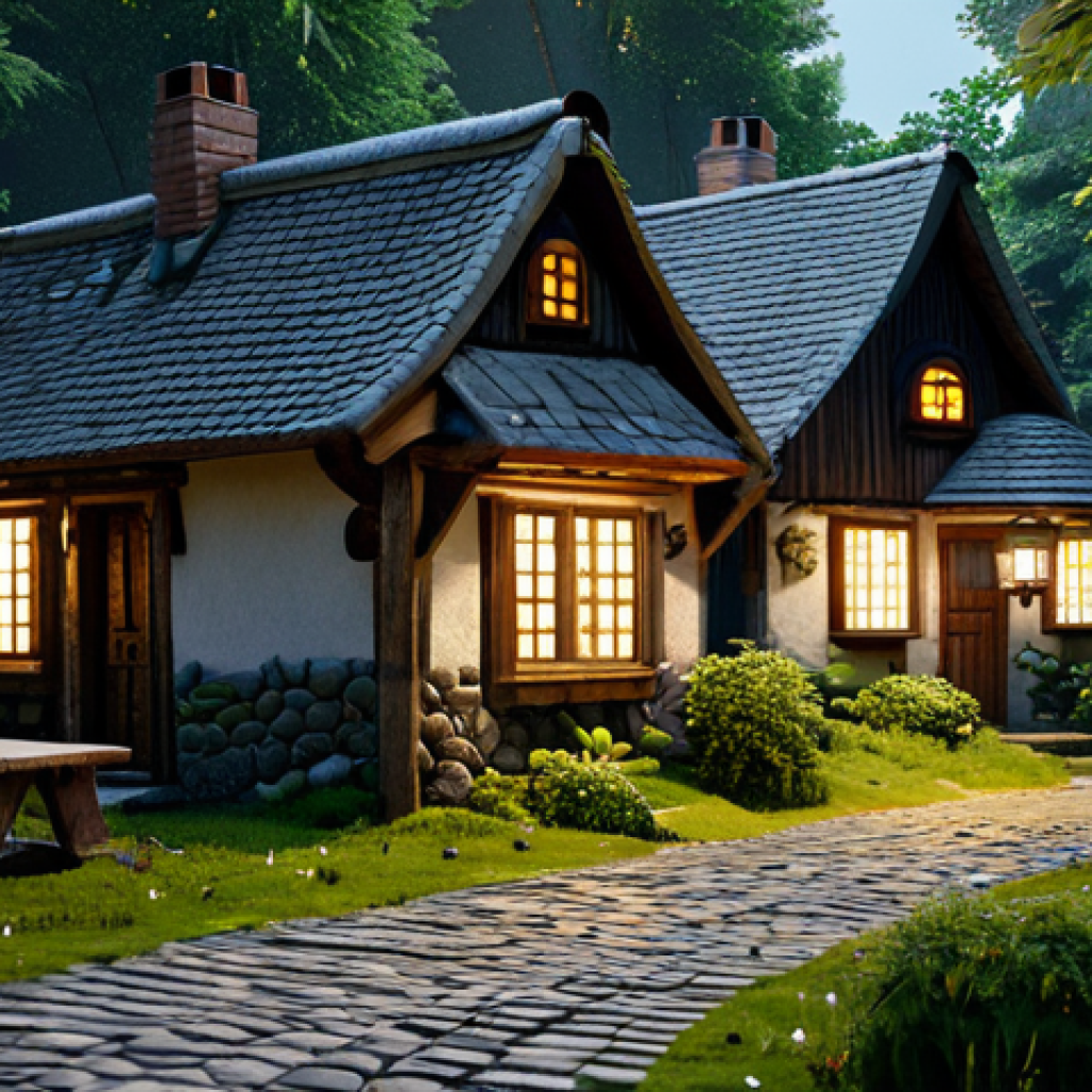 Cozy Forest Village Cottage** "A charming forest village cottage nestled amongst tall trees, fully clothed, crafted from dark oak and cobblestone, mossy cobblestone pathways winding through the undergrowth, lanterns illuminating the scene with a warm glow, safe for work, appropriate content, family-friendly, perfect anatomy, correct proportions, well-formed hands, natural body proportions, professional, modest clothing, high-quality render, volumetric lighting, detailed textures." **