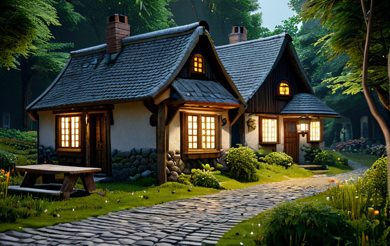 Cozy Forest Village Cottage** "A charming forest village cottage nestled amongst tall trees, fully clothed, crafted from dark oak and cobblestone, mossy cobblestone pathways winding through the undergrowth, lanterns illuminating the scene with a warm glow, safe for work, appropriate content, family-friendly, perfect anatomy, correct proportions, well-formed hands, natural body proportions, professional, modest clothing, high-quality render, volumetric lighting, detailed textures." **