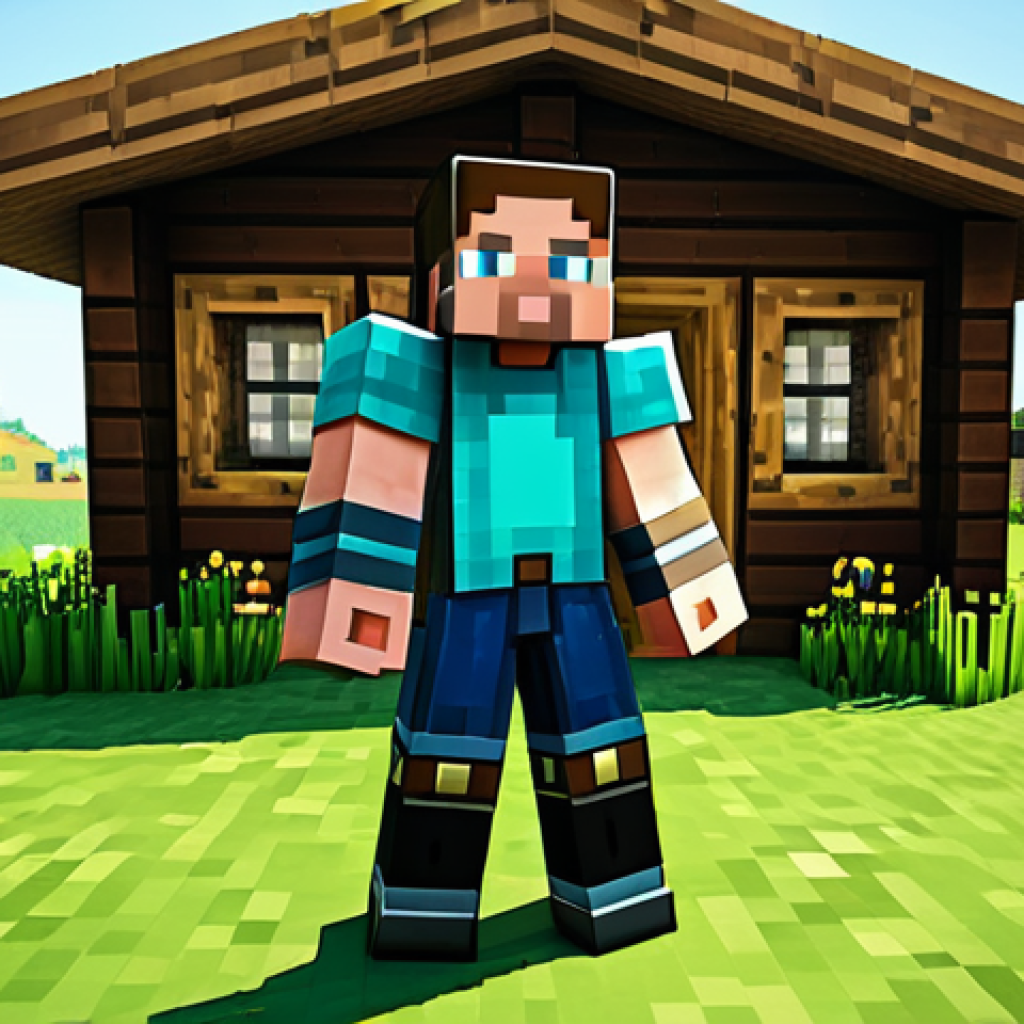 ** "A fully clothed Minecraft character, in modest leather armor, stands at the entrance of a dirt hut, holding a wooden sword, safe for work, appropriate content, daytime, sunny, grassy plains biome, well-formed hands, natural pose, perfect anatomy, professional, family-friendly." **