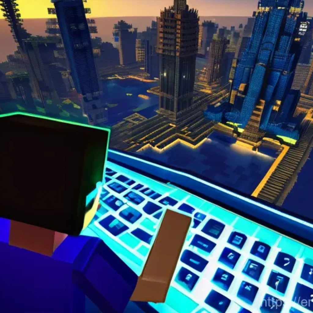 마인크래프트 스피드 빌딩 대회 - **Prompt:** A dynamic, high-angle shot of a Minecraft speed building competition. In the foreground,...