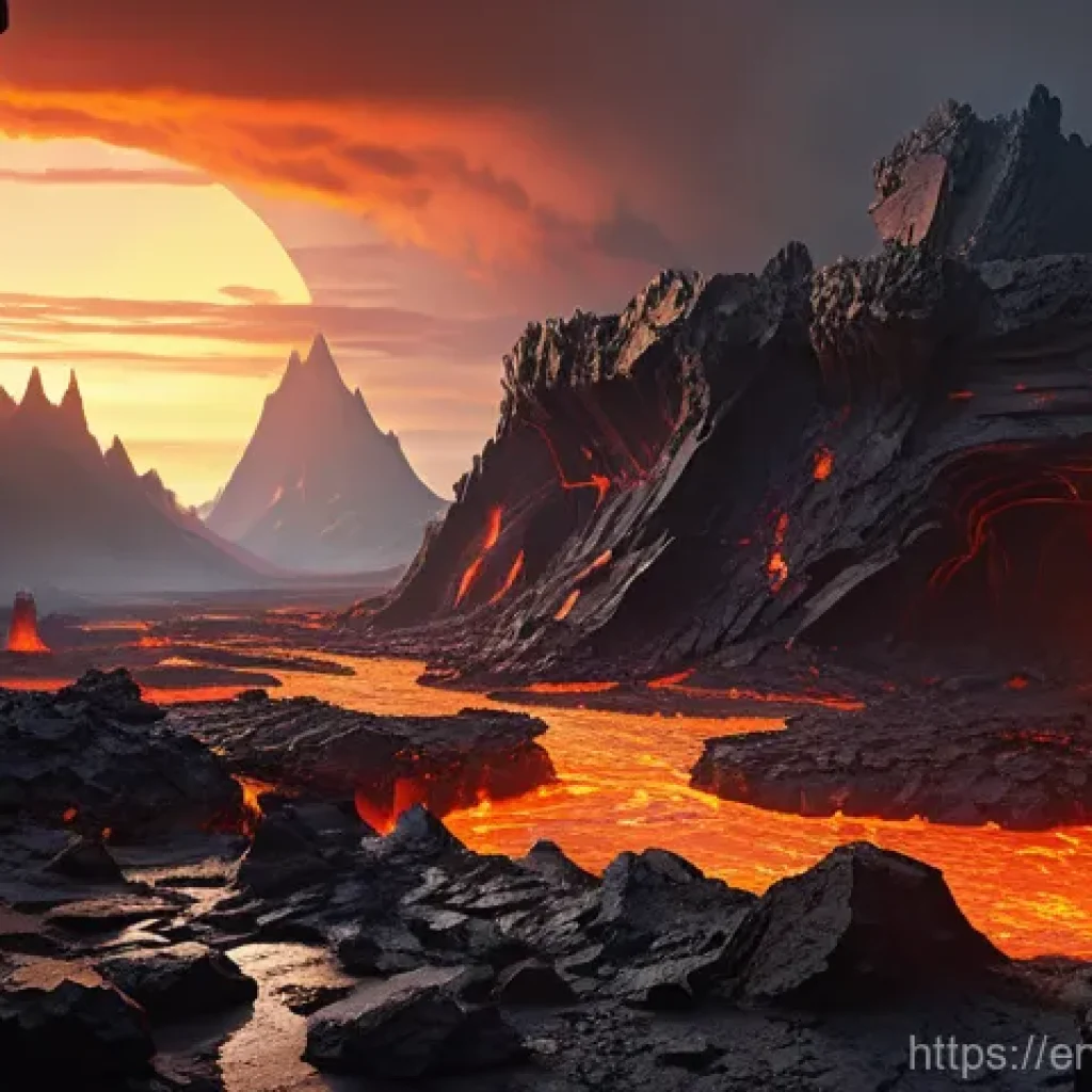 마인크래프트 아레나 배틀맵 제작 - A sprawling, multi-tiered "Volcanic Cavern" battle arena at sunset. The arena features treacherous o...