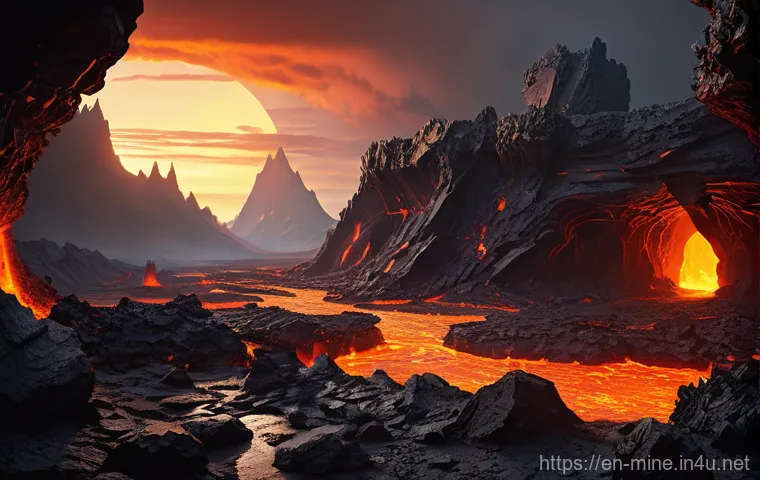 마인크래프트 아레나 배틀맵 제작 - A sprawling, multi-tiered "Volcanic Cavern" battle arena at sunset. The arena features treacherous o...