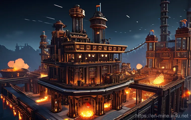마인크래프트 아레나 배틀맵 제작 - A sprawling, multi-tiered "Volcanic Cavern" battle arena at sunset. The arena features treacherous o...