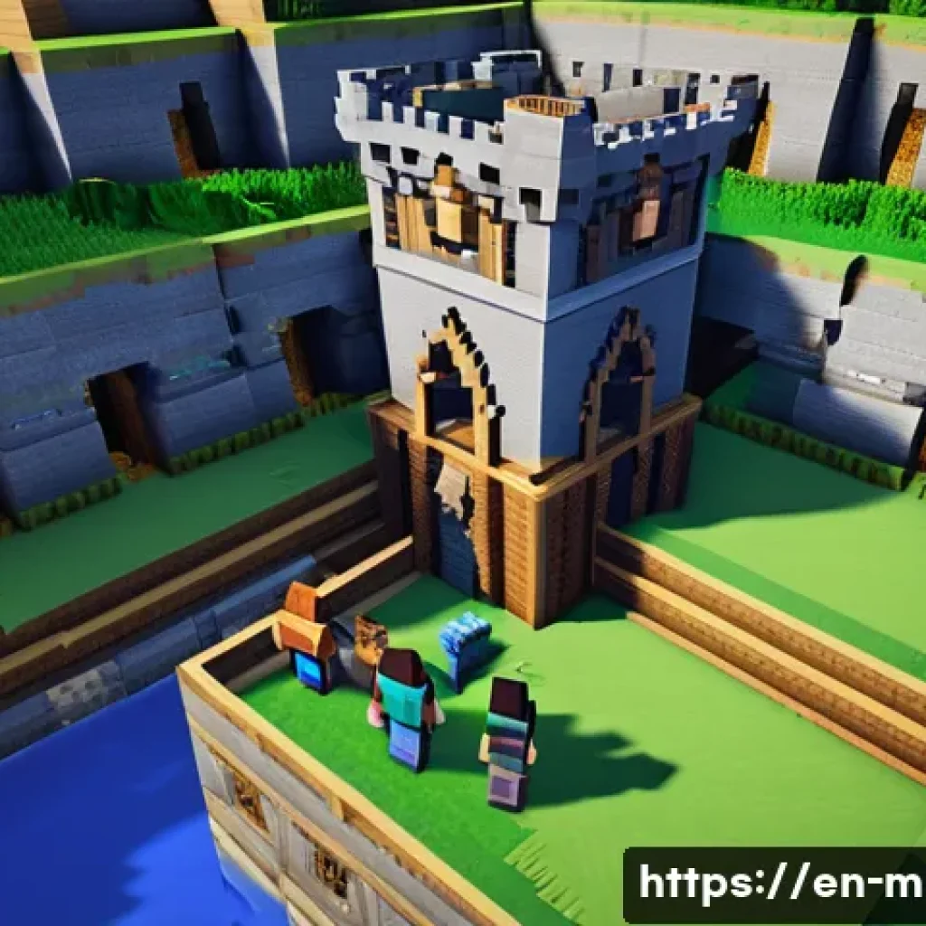 마인크래프트 공동 작업 노하우 - A vibrant Minecraft multiplayer scene showing a diverse group of players collaborating on building a...