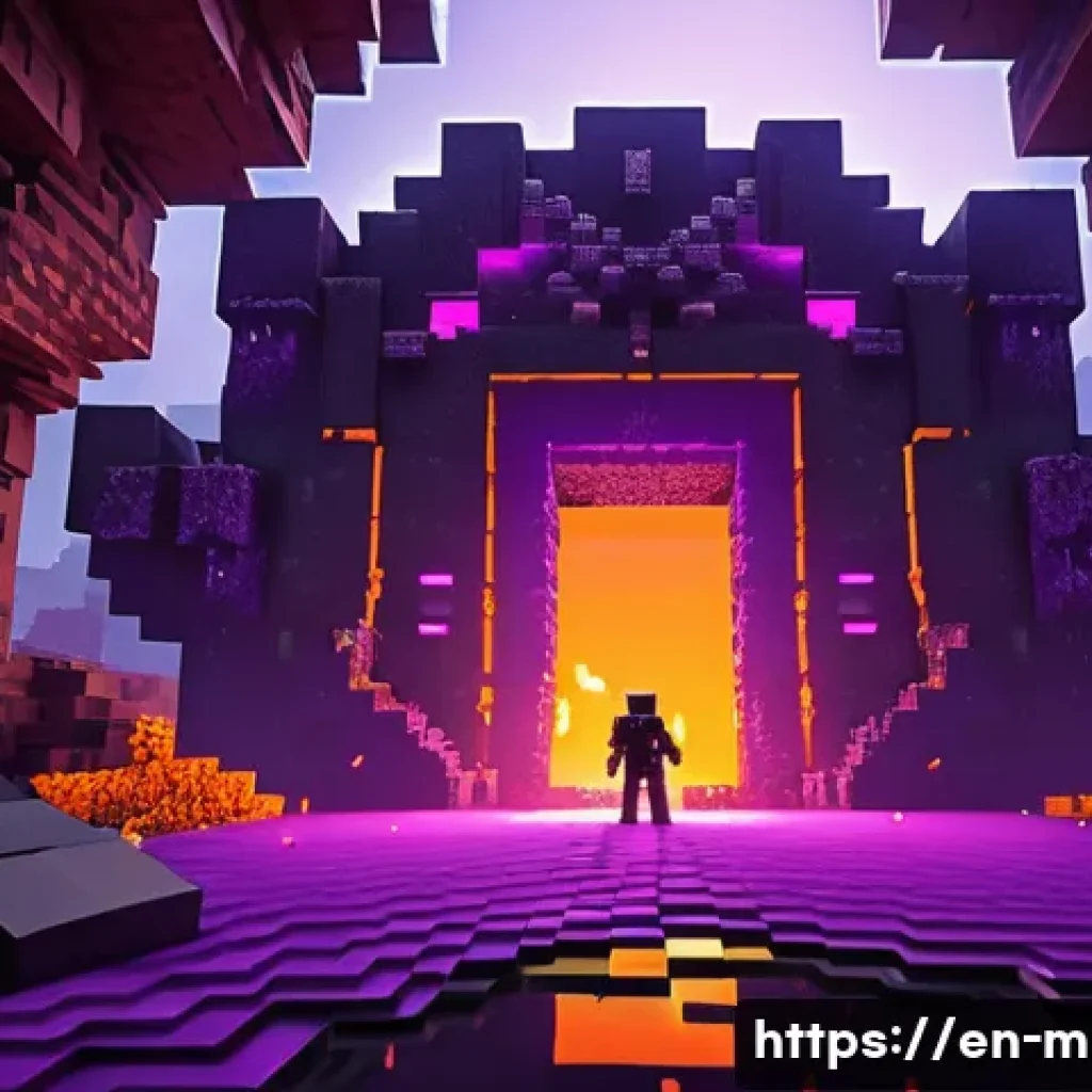 마인크래프트 포탈 기술 분석 - A detailed Minecraft Nether portal scene at dusk, featuring a sturdy obsidian frame glowing with vib...