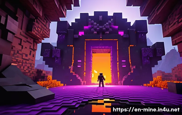 마인크래프트 포탈 기술 분석 - A detailed Minecraft Nether portal scene at dusk, featuring a sturdy obsidian frame glowing with vib...