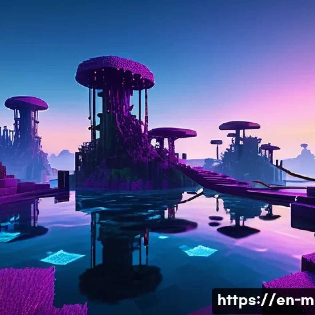 마인크래프트 초현실 건축 팁 - A surreal Minecraft landscape featuring twisted, spiraling towers and arching bridges that defy grav...