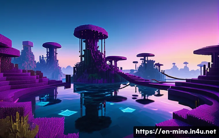 마인크래프트 초현실 건축 팁 - A surreal Minecraft landscape featuring twisted, spiraling towers and arching bridges that defy grav...