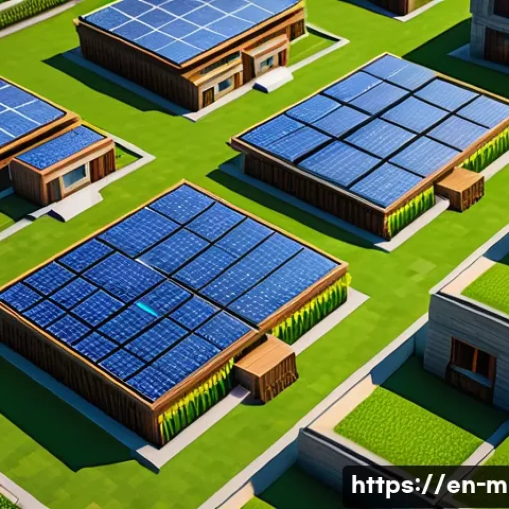 마인크래프트 환경 보호 맵 설계 - A detailed Minecraft-style eco-friendly rooftop scene featuring black and white block solar panels a...
