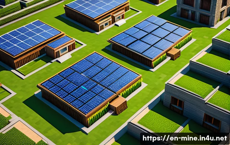 마인크래프트 환경 보호 맵 설계 - A detailed Minecraft-style eco-friendly rooftop scene featuring black and white block solar panels a...