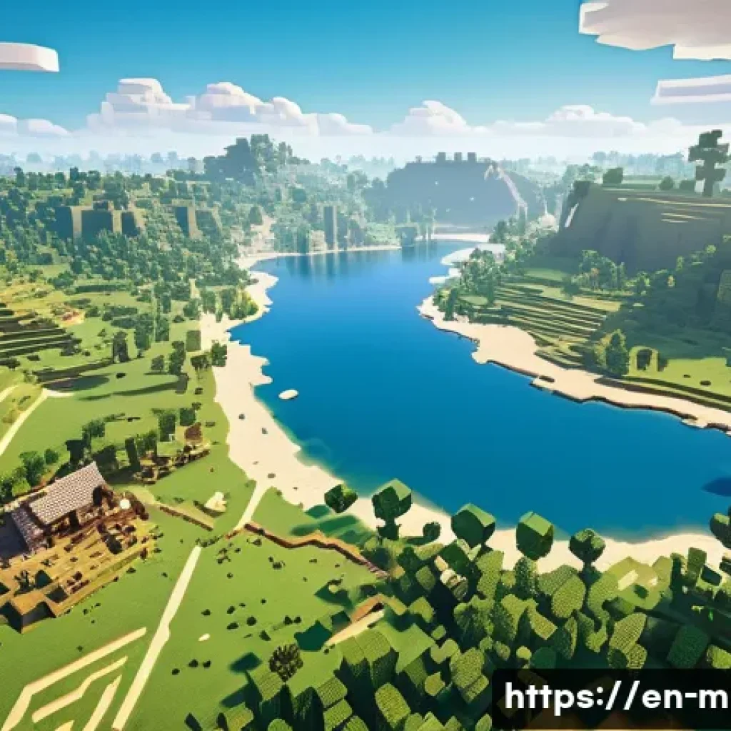 마인크래프트 시드 코드 탐구 - A vibrant Minecraft landscape showcasing a diverse biome cluster near the spawn point: lush green fo...