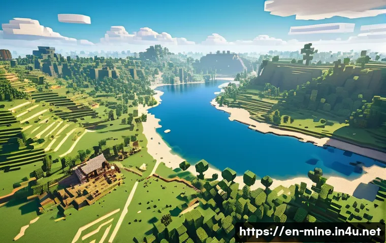 마인크래프트 시드 코드 탐구 - A vibrant Minecraft landscape showcasing a diverse biome cluster near the spawn point: lush green fo...