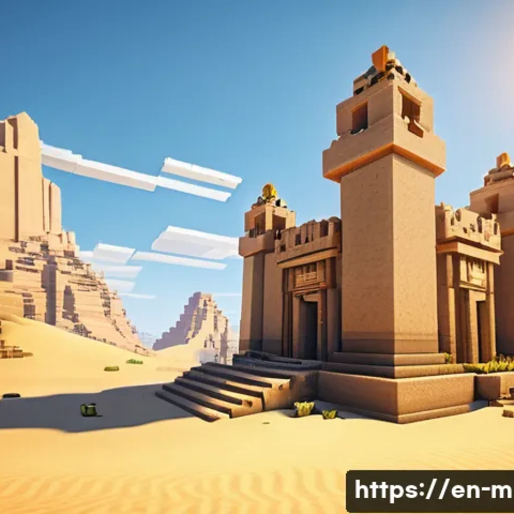 마인크래프트 유적 복원 프로젝트 - A detailed scene of an ancient desert temple ruin in Minecraft, featuring weathered smooth sandstone...