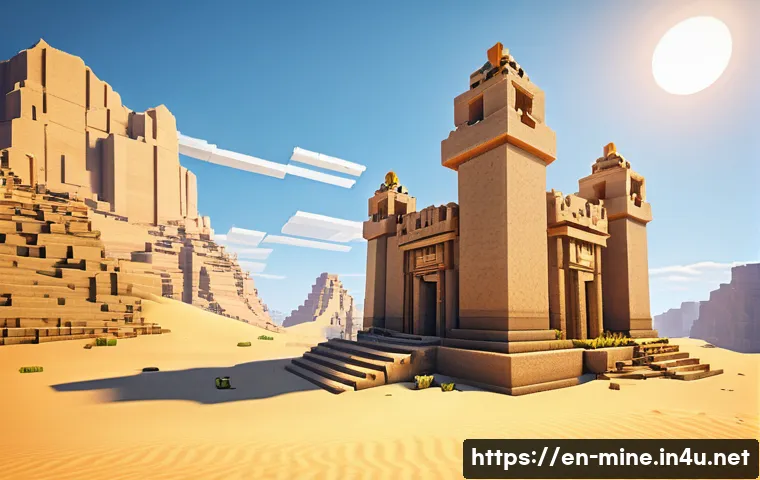 마인크래프트 유적 복원 프로젝트 - A detailed scene of an ancient desert temple ruin in Minecraft, featuring weathered smooth sandstone...