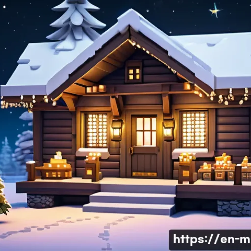 마인크래프트 계절 테마 이벤트 - A cozy winter Minecraft cabin scene at night, surrounded by snow-covered pine trees and glowing lant...