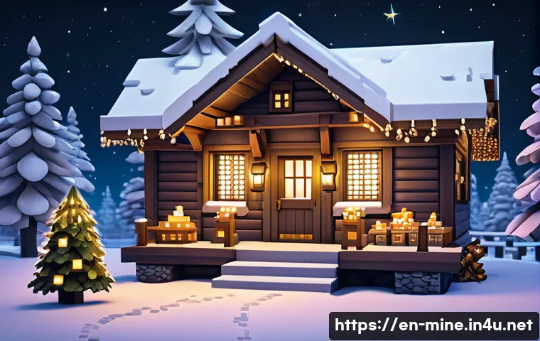 마인크래프트 계절 테마 이벤트 - A cozy winter Minecraft cabin scene at night, surrounded by snow-covered pine trees and glowing lant...