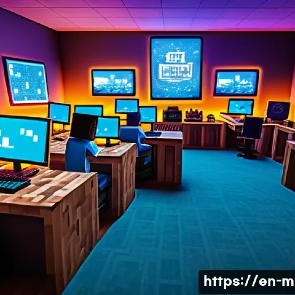 마인크래프트 커뮤니티 참여법 - A vibrant Minecraft community forum scene featuring diverse players gathered around glowing computer...