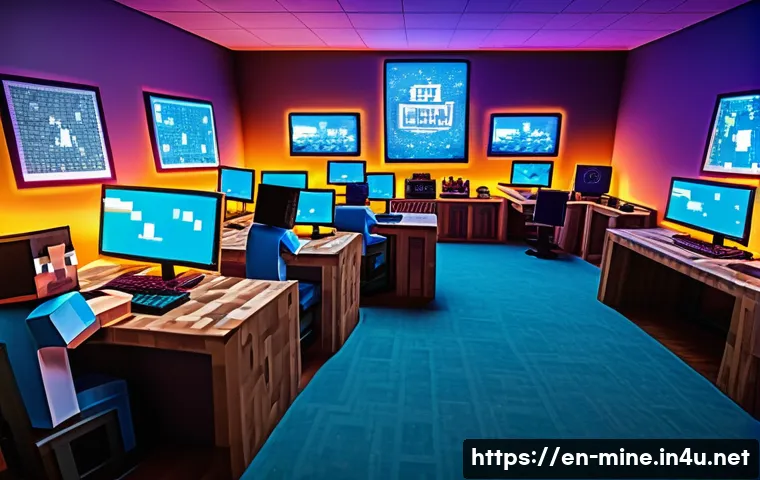 마인크래프트 커뮤니티 참여법 - A vibrant Minecraft community forum scene featuring diverse players gathered around glowing computer...