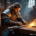 Home 21 마인크래프트 장비 강화 가이드 - A high-fantasy blacksmith’s workshop scene, featuring a skilled craftsman in detailed leather armor ...