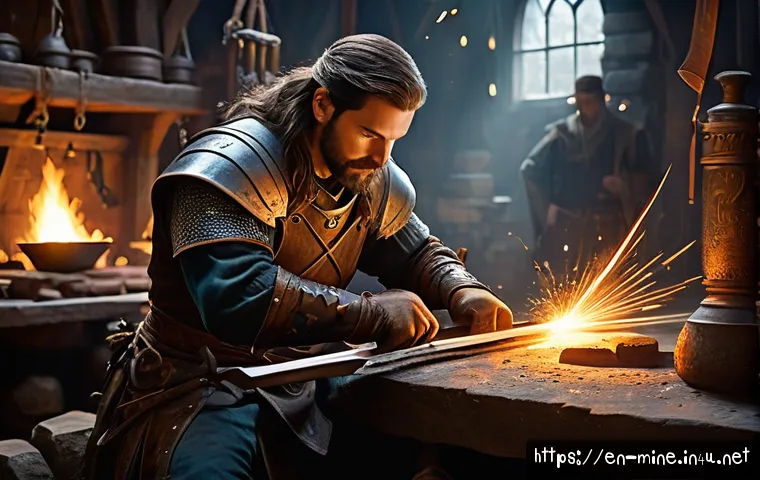 마인크래프트 장비 강화 가이드 - A high-fantasy blacksmith&rsquo;s workshop scene, featuring a skilled craftsman in detailed leather armor ...