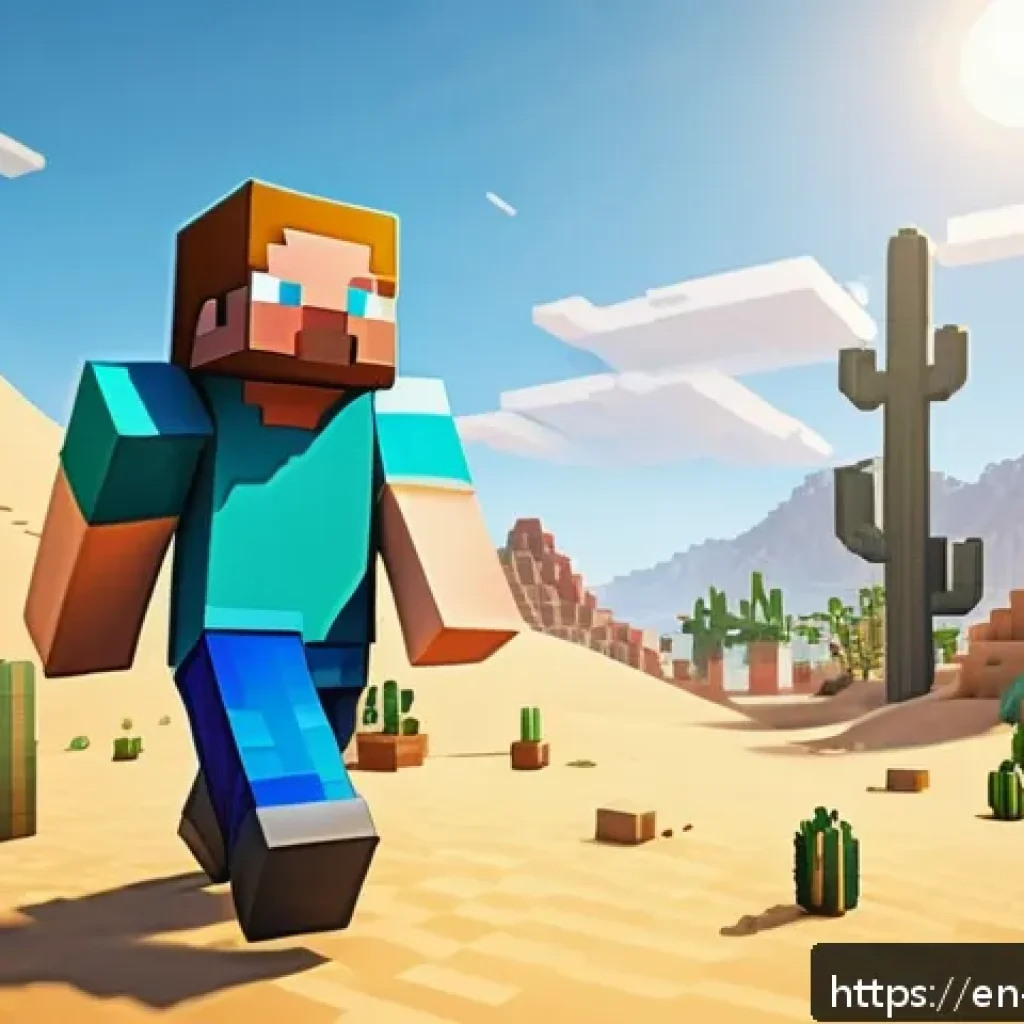 마인크래프트 랜덤 챌린지 모드 - A Minecraft player constructing a hidden desert biome base with limited water supplies, wearing stur...