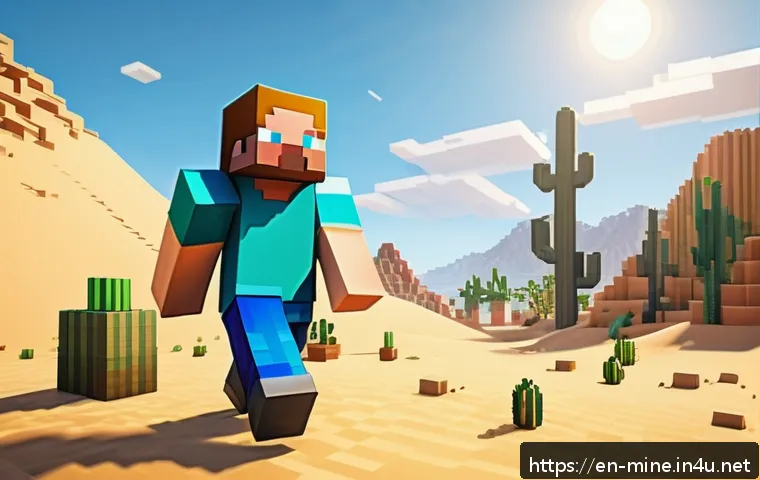 마인크래프트 랜덤 챌린지 모드 - A Minecraft player constructing a hidden desert biome base with limited water supplies, wearing stur...