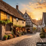 Home 18 마인크래프트 타운 설계법 - A charming medieval town scene featuring winding, narrow cobblestone alleys lined with timber-framed...