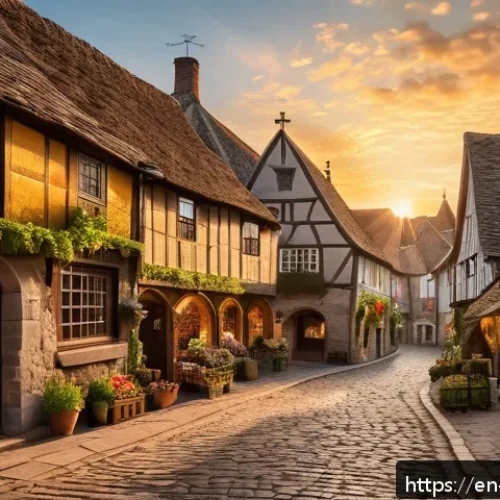 Home 30 마인크래프트 타운 설계법 - A charming medieval town scene featuring winding, narrow cobblestone alleys lined with timber-framed...
