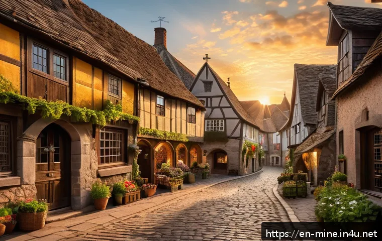 마인크래프트 타운 설계법 - A charming medieval town scene featuring winding, narrow cobblestone alleys lined with timber-framed...