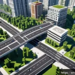 Home 23 마인크래프트 도시 계획 모드 - A detailed urban scene in Minecraft featuring a complex multi-lane highway intersecting with quieter...