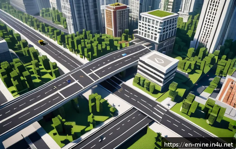 마인크래프트 도시 계획 모드 - A detailed urban scene in Minecraft featuring a complex multi-lane highway intersecting with quieter...