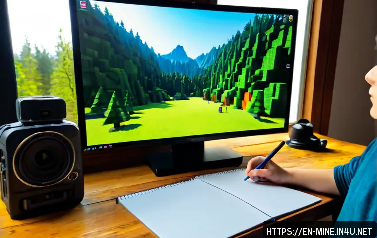 Home 13 마인크래프트 콘텐츠 창작 아이디어 - Photorealistic home studio of a young adult gaming content creator planning a block-building adventu...