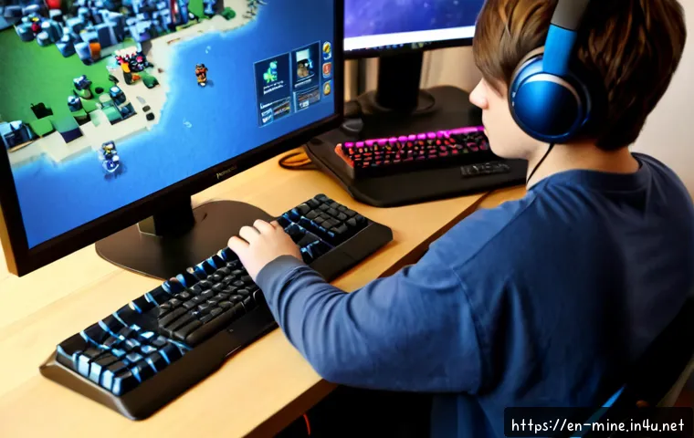 Home 15 마인크래프트 PvP 전략 - Photorealistic over-the-shoulder view of a focused teenage gamer practicing strategy in a block-buil...